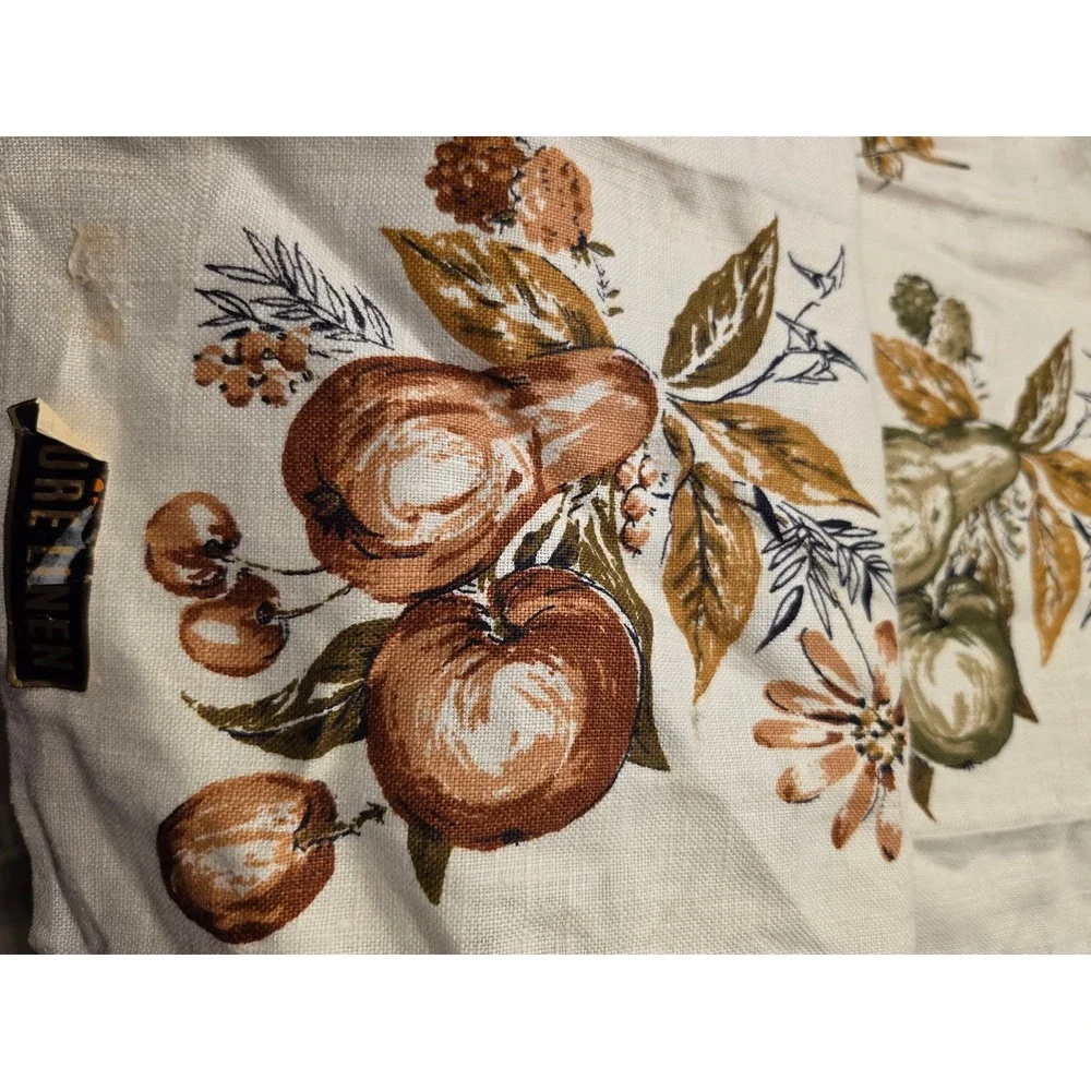 Vintage Pure Linen Tea Towels Set of 3 Fruit Floral Harvest Brown Green Orange
